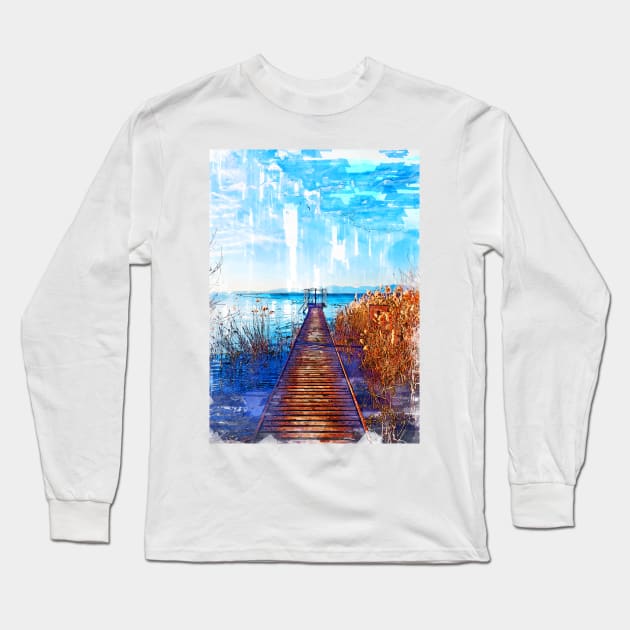 Lake Jetty In Veneto Italy Long Sleeve T-Shirt by ColortrixArt